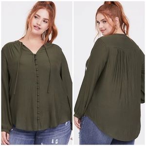 TORRID Olive Green Tie Neck Boho Button Down Blouse